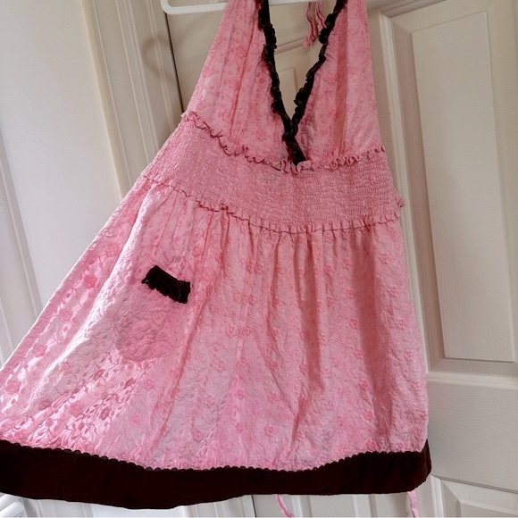 LAST CHANCE! Pink and brown apron - ruffle, pocket - 100% cotton - Picture 1 of 14